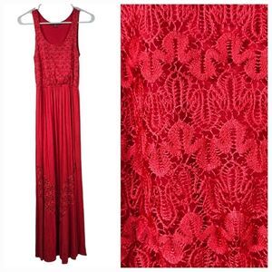 Finn & Clover Red Lace Maxi Dress Sleeveless Sheer Chevron Panel Bohemian Casual